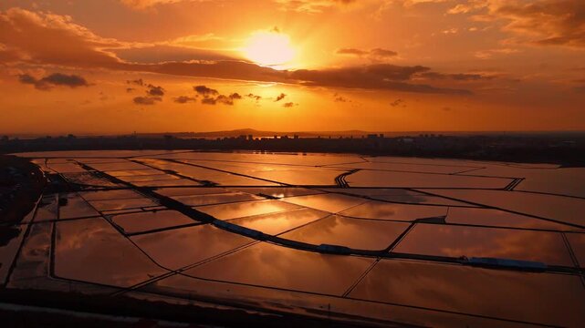 Golden hour reflection on rectangular salt ponds at sunset. Warm sunset light reflecting in salt evaporation ponds with a dark city silhouette on the horizon.