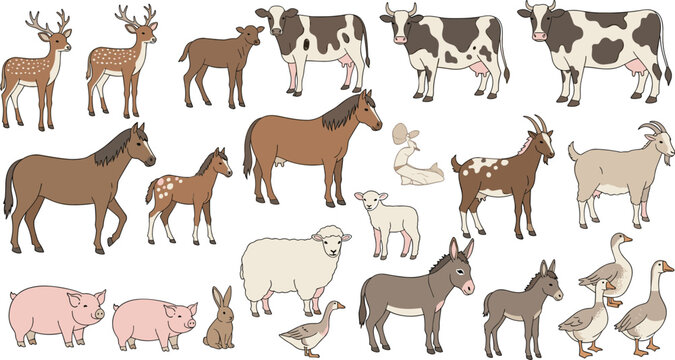 Large Farm Animal Vector Collection Featuring Horse Cow Donkey Goat Sheep Pig Deer and Geese Illustrations for Educational Rural Countryside Design Projects