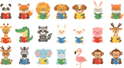 Large Set of Cute Safari and Jungle Animal Characters Reading Books Featuring Elephant Giraffe Zebra Lion Crocodile Hippo Flamingo and Monkey for Kids School Library Decor © Mdsahidul