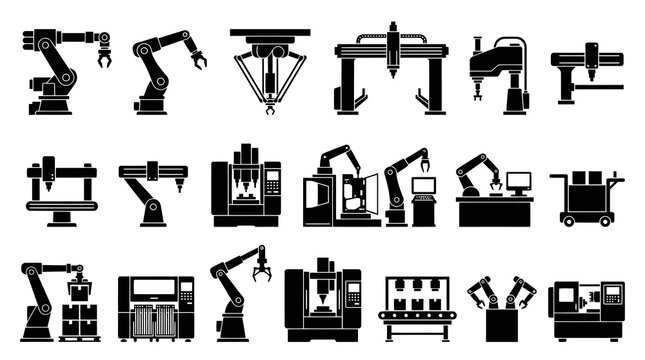 Industrial Automation Robotics and Manufacturing Machines Glyph Icons Set