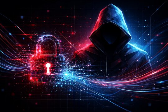 Cybersecurity Threat Concept with Anonymous Hacker Breaking Digital Lock &ndash; Data Breach, Encryption Failure, and Network Attack Visualization