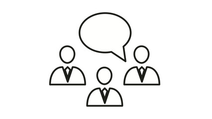 Fototapeta premium Minimalist black vector icon illustration of three businessmen in suits with a speech bubble, representing team communication, group discussion, professional feedback, and collaborative meeting.