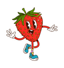 Cartoon groovy strawberry fruit character radiating summer garden joy with expressive eyes and happy smile. Isolated vector lively ripe and juicy berry retro y2k personage wears trendy hippie sneakers © Seavector