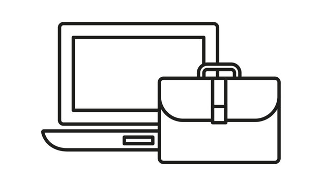 Business laptop and briefcase vector icon illustration, professional work equipment symbol for office, remote employment, and digital nomad lifestyle, minimalist black line art graphic.