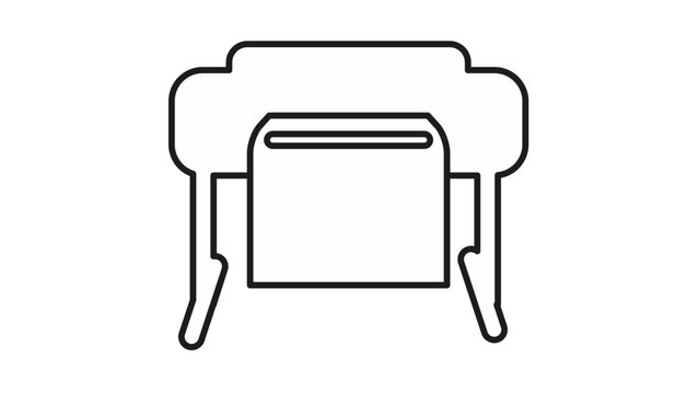 Black line art vector icon of a modern office printer with a sheet of paper being printed, minimalist outline illustration of computer hardware equipment for business and home office use.