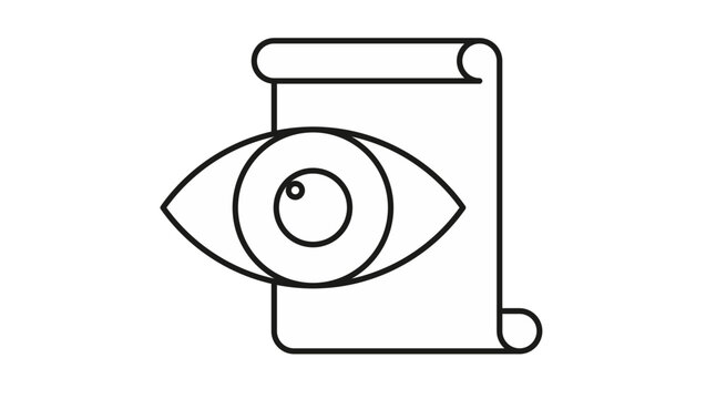 Minimalist black line art vector icon of a human eye positioned in front of a vertical paper scroll or document, symbolizing vision, oversight, reading, surveillance, or legal review.
