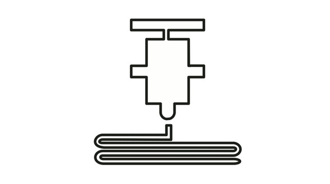 3D printer nozzle extruding material layers vector icon illustration, representing additive manufacturing, rapid prototyping, industrial technology, and innovation in digital fabrication.