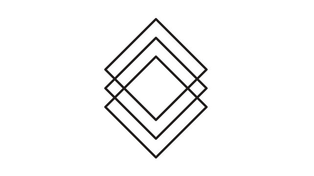 Minimalist black line vector icon of three stacked diamond shapes representing layers, levels, or digital stacks. Clean geometric illustration for software design and user interface symbols.