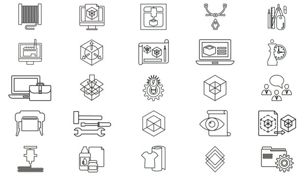 25 Minimalist Black Vector Icon Set Collection featuring Education, 3D Printing, Industrial Manufacturing, Graphic Design, Business Office, Engineering, Medical, and Construction Line Symbols.