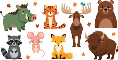 Fototapeta premium Cute Forest and Wilderness Animal Character Vector Set Featuring Boar Tiger Moose Bear Raccoon Mouse Fox and Bison for Childrens Educational and Nursery Designs