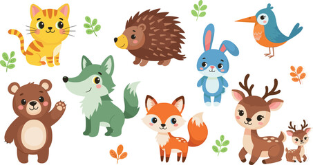 Naklejka premium Cute Forest Animal Character Vector Set Featuring Friendly Cat Hedgehog Blue Rabbit Bird Bear Wolf Fox and Deer for Kids Nursery and Baby Shower Graphic Designs