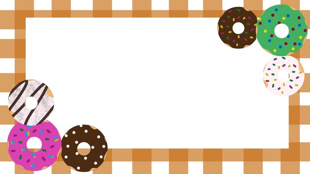 Donut themed gingham frame with various flavored donuts on the corners. Perfect for invitations, posters, menus, and bakery themed design.

