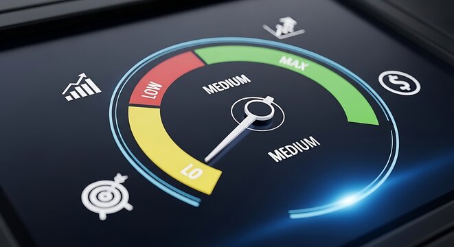 A digital dashboard displays a gauge with needle indicating 'Medium', surrounded by icons for business analytics.