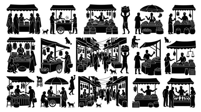 Indian street market bazaar scene black and white vector icons