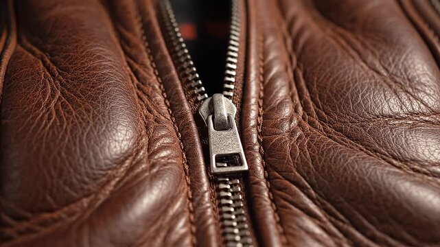Close-up detail of a textured brown leather jacket, showcasing the robust metal zipper and the rich, natural grain of the material. A focus on quality craftsmanship and stylish apparel elements