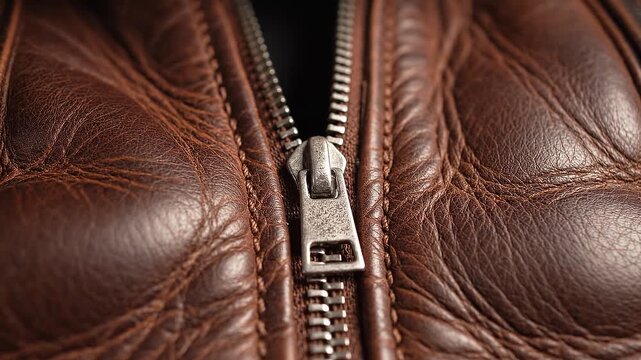 Close-up detail of a rich, warm brown leather jacket showcasing its natural texture and a prominent silver metal zipper, highlighting durable craftsmanship and classic fashion
