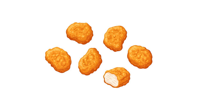 Several crispy golden chicken nuggets scattered on a white surface, one nugget showing its juicy interior, ideal for fast food advertising