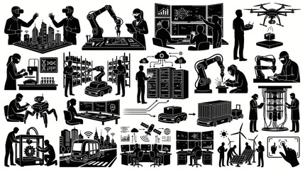 Obraz premium Technology and Innovation Icons: Industry 4.0, Robotics, AI, Drones, VR