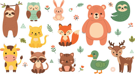 Fototapeta premium Cute Woodland Animal Character Set Including Bear Fox Deer Owl Sloth Cat Cow Duck and Bunny in Cartoon Style