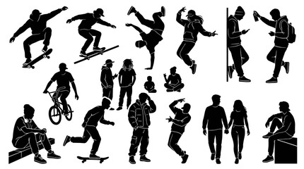 Naklejka premium Urban Youth Silhouettes: Skateboarding, BMX, Breakdancing, Hip Hop Style
