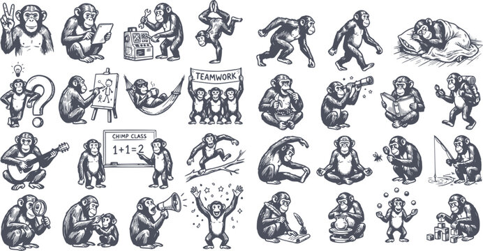 set of 28 hand drawn chimpanzee characters in various poses black fill line art with no white fills including climbing thinking and yoga