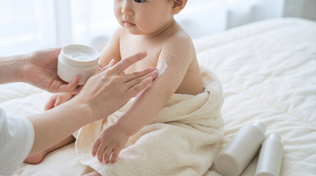 座る赤ちゃんの腕を保湿する肌ケア