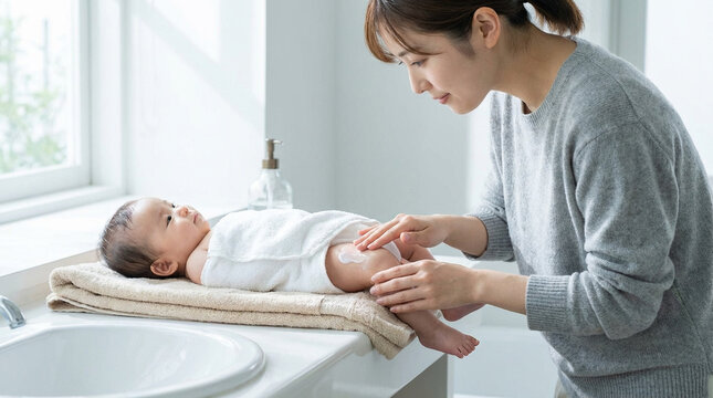 洗面台のそばで赤ちゃんの脚を保湿する家族