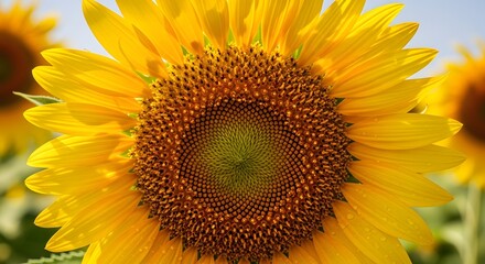 Naklejka premium Macro view of sunflower head showing complex seed pattern and bright yellow petals in golden sunlight.