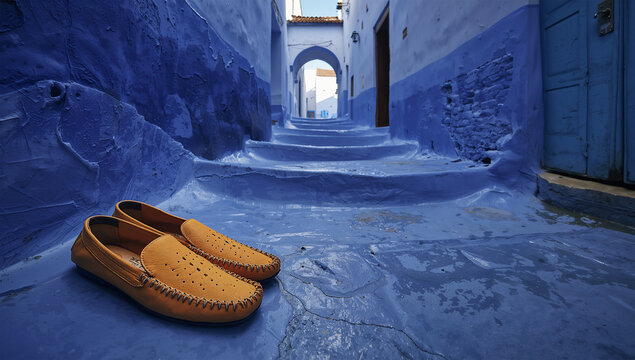 文化性を映す青い路地と黄色いバブーシュのシェフシャウエン景観