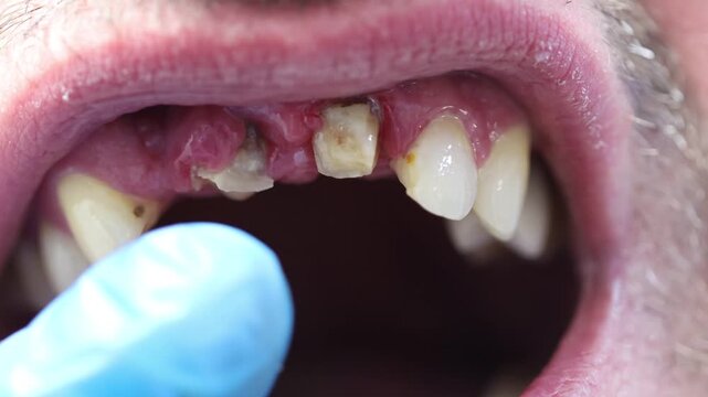Close-up of a patient's mouth showing missing, decaying, and yellowed teeth