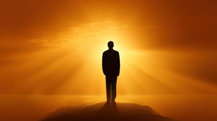 Obraz premium Silhouette of a Man Standing on a Hilltop Against a Dramatic Sunset with Rays of Light Creating an Inspiring and Uplifting Atmosphere