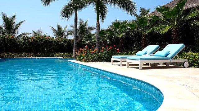 Serene tropical resort swimming pool with inviting lounge chairs under a bright blue sky, ideal for summer relaxation and luxury escapes, offering a perfect leisure setting