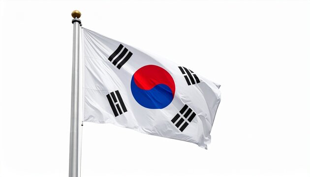 "South Korean flag on silver pole, Taegeuk and trigrams shining against bright blue sky"