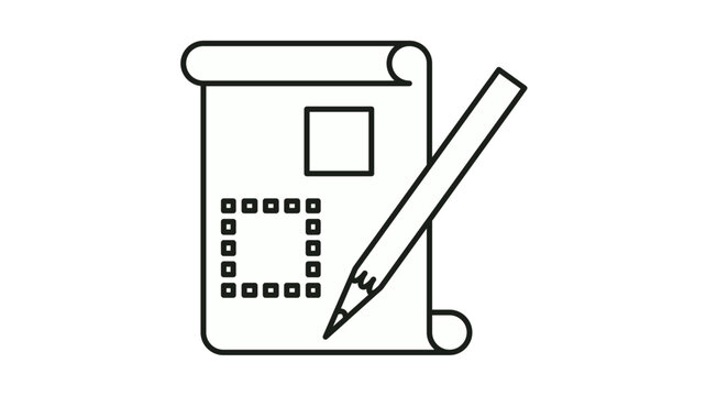 Minimalist black line vector icon illustration of a rolled blueprint or scroll with a pencil, representing architectural design, engineering plans, creative drafting, and project development.