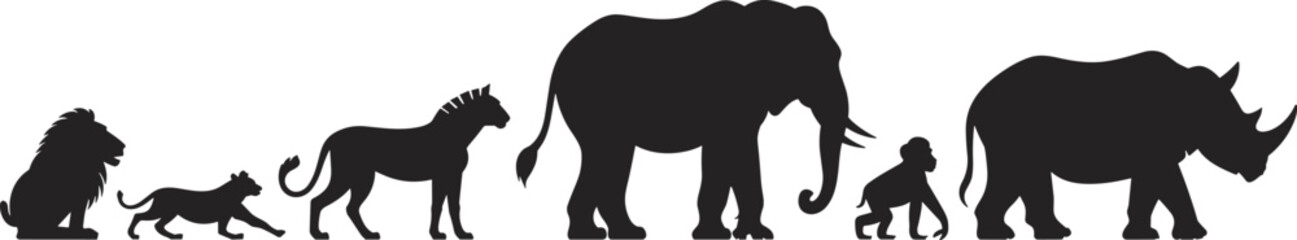 Fototapeta premium Animal evolution silhouettes from lion to human and rhinoceros, illustrating wildlife progression, natural history, species development, and evolutionary concept