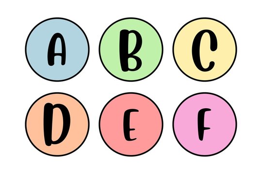A colorful illustration of six circles with letters on a white background