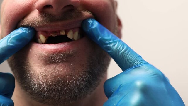 Adult man show broken teeth by dentist hand in blue gloves, dental problem in close-up