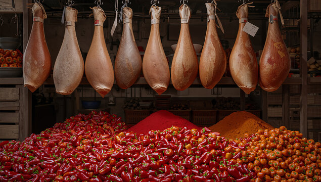 生ハムとパプリカの対比が美しいスペイン市場の豊かな食材景観