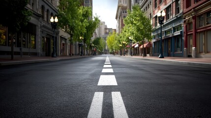 Fototapeta premium Empty Urban Street with Pavement and Trees in the Background on a Bright Day Offering a Scenic View for City Lifestyle and Travel Photography