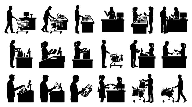 Black  White Silhouettes of People at Supermarket Checkout  Shopping