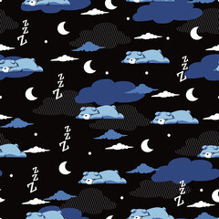 Dreamy Night Soft Melted Sleeping Bears Pattern. Perfect for baby products, nursery decor, kid clothing, fabric prints, stationery, wallpapers, and sleep-related branding. © F-lin