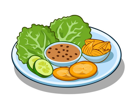Delicious indonesian gado gado with crackers boiled vegetables and rich nutty sauce on ceramic plate - Vector Illustration