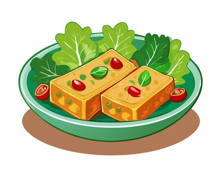 Traditional indonesian tahu goreng or fried tofu with lettuce garnish on green plate - Vector Illustration