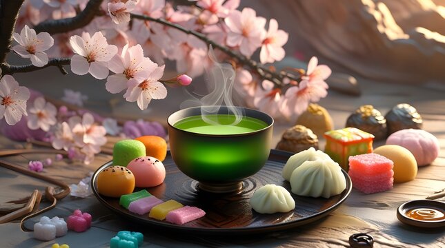 delicate Cherry blossoms with soft pink petals, accompanied by a steaming cup of bright green tea in a traditional Japanese ceramic cup, and a plate of mitarashi dumplings with a sweet soy-based sauce