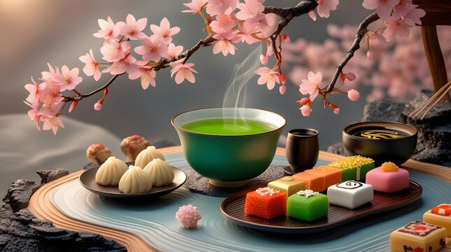 delicate Cherry blossoms with soft pink petals, accompanied by a steaming cup of bright green tea in a traditional Japanese ceramic cup, and a plate of mitarashi dumplings with a sweet soy-based sauce