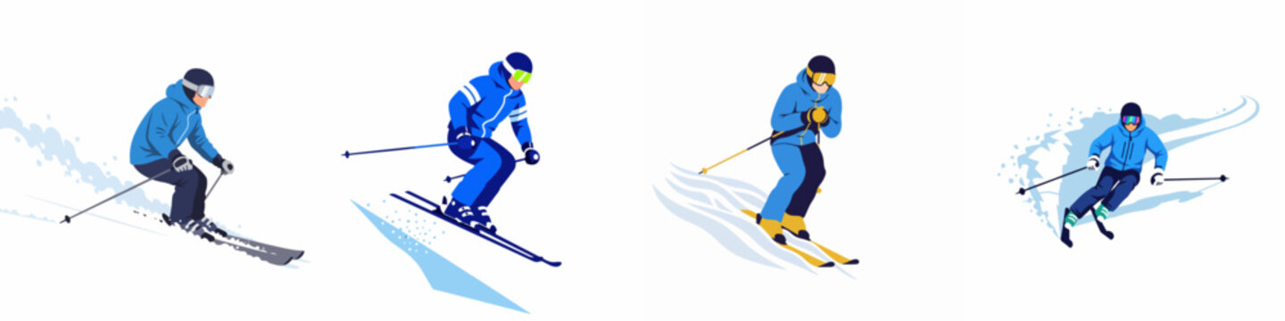 Set of four minimalist illustrations showing male skiers in blue suits performing dynamic downhill turns and maneuvers on snow against a white background.