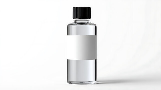 Minimalist Clear Glass Bottle with Black Cap and Blank White Label Mockup for Product Presentation, Isolated on White Background with Copy Space