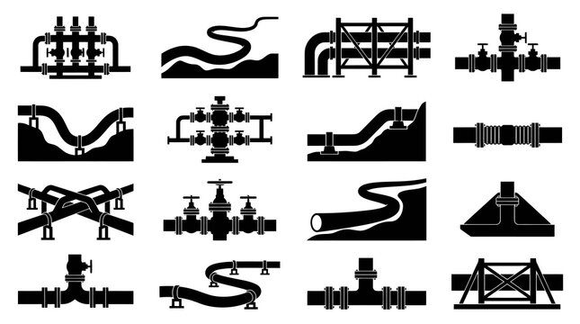 Industrial pipe and valve systems, pipeline infrastructure glyph icons