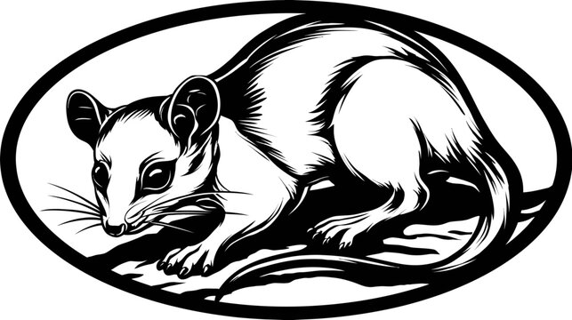 Stylized vector of a opossum, rendered in black and white in oval frame