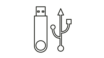 Minimalist black outline vector icon illustration of a USB flash drive and universal serial bus symbol, representing digital data storage, computer hardware, connectivity, and file transfer. © Sumon